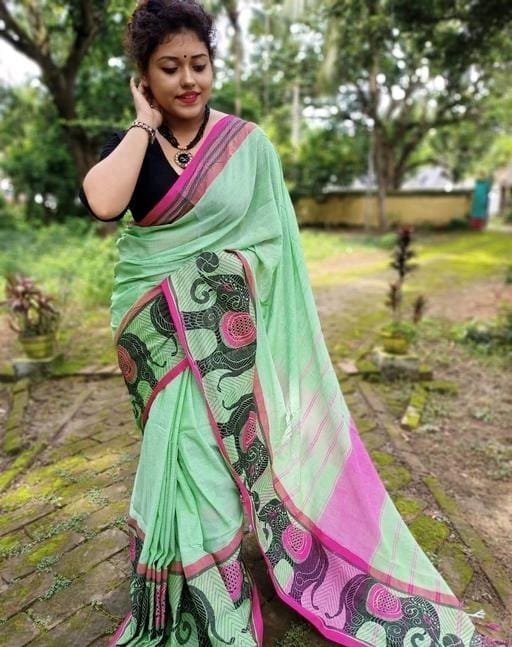 Pure Cotton Khadi Elephant Design Saree - Dhaaga Mart